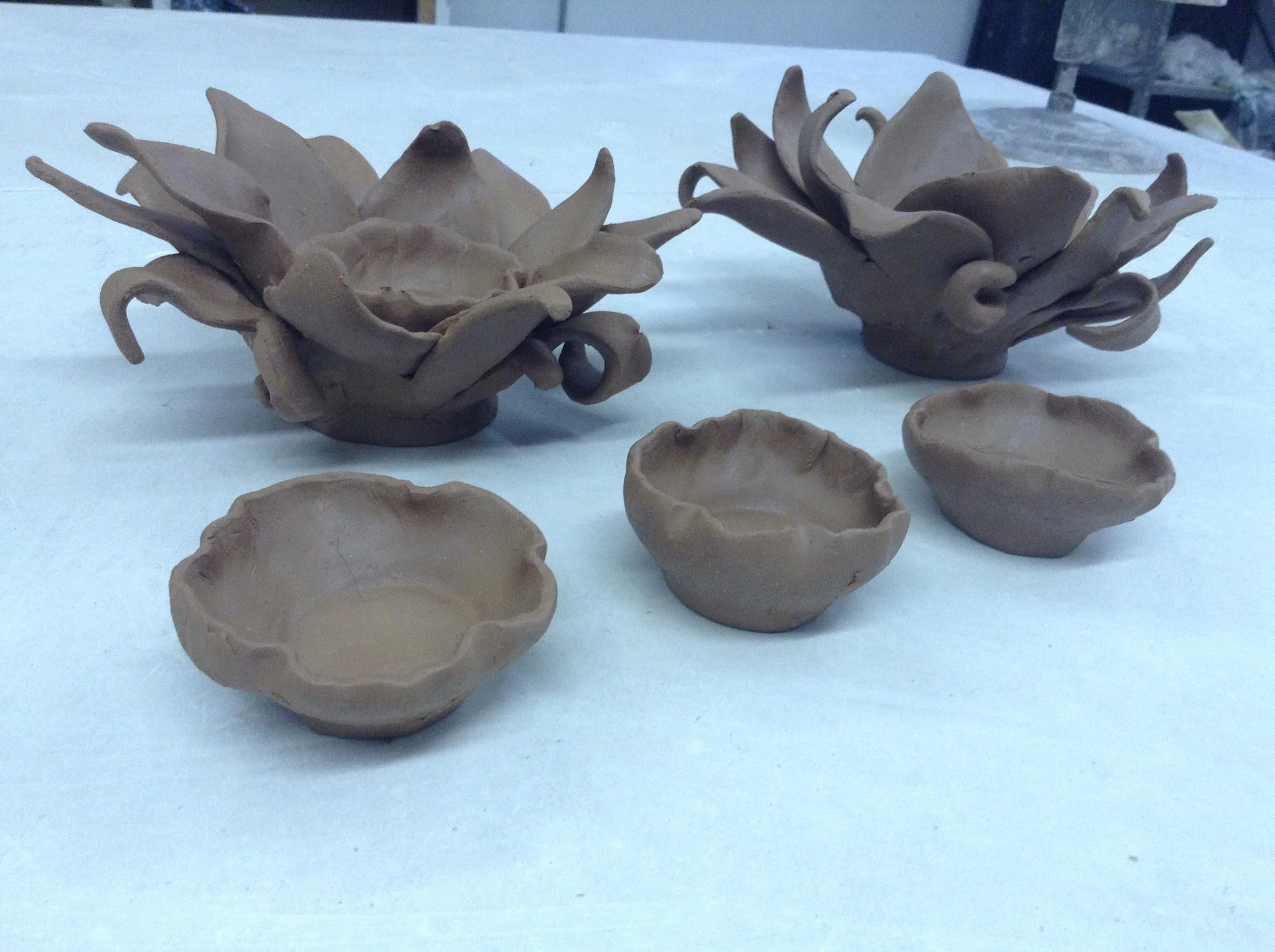 A side view showing wildly curving petals on the raised base.
