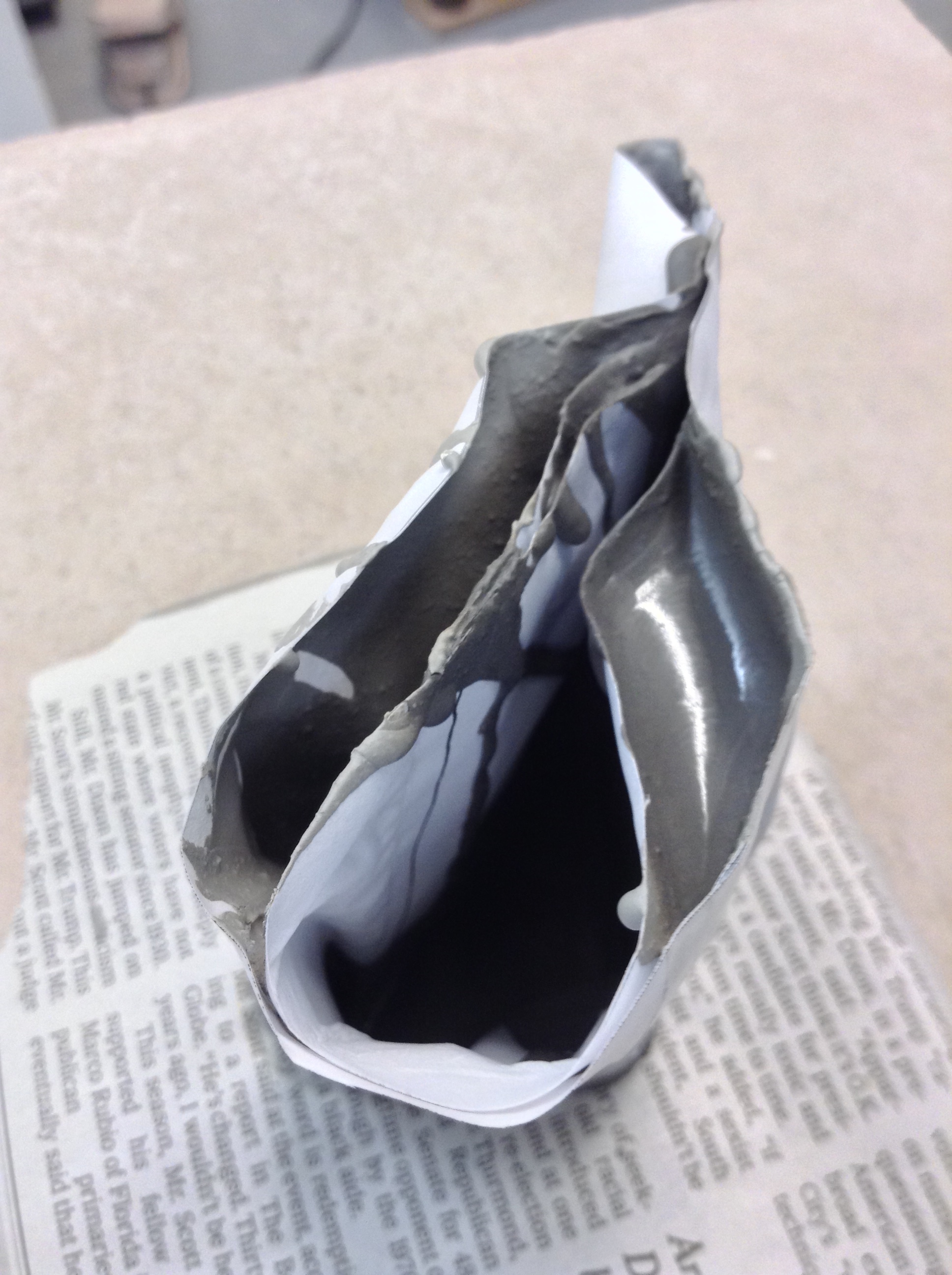 Detail of collapsed form during drying, showing great variety of wall thickness, ranging from 1mm-15mm.