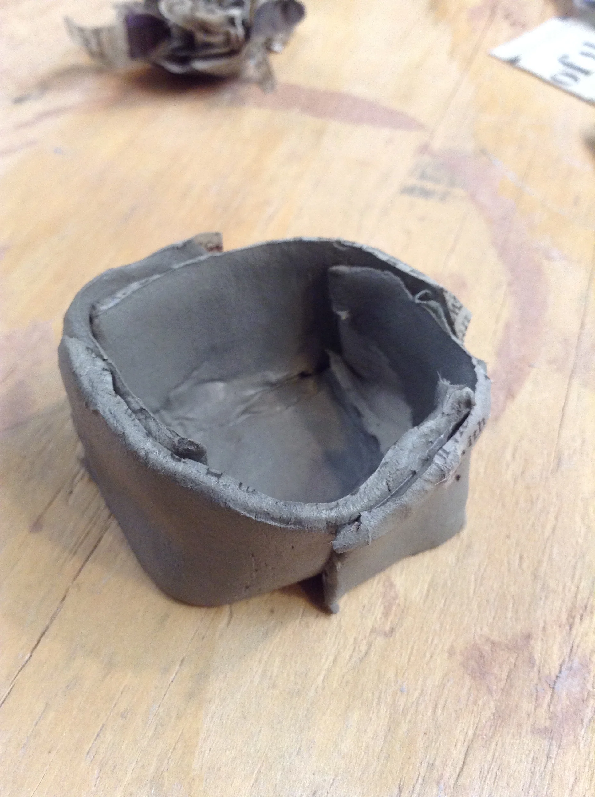 Finished cup sample, clearly rumpled and in need of refinement of technique. But interesting still! If this roughshod laminate were supported by some flexible rigid support, all details would be cleaner, flatter, and faster. Such an improvement is definitely on the to-do list.