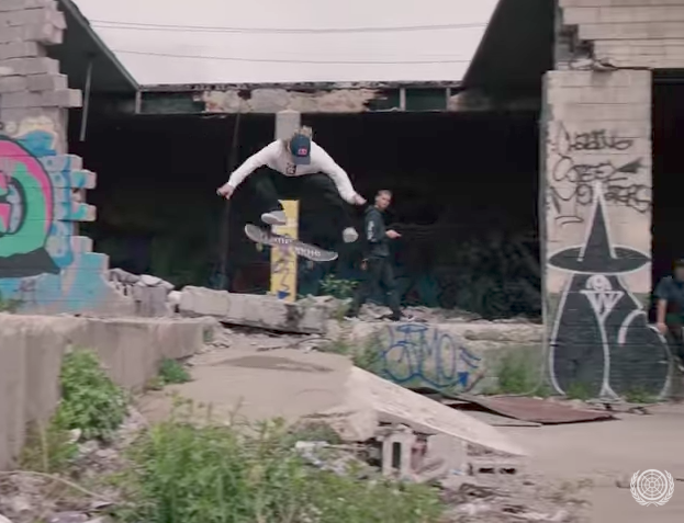 Jamie Foy Kickflipping into some gnarly Detroit DIY as his homie watches. 