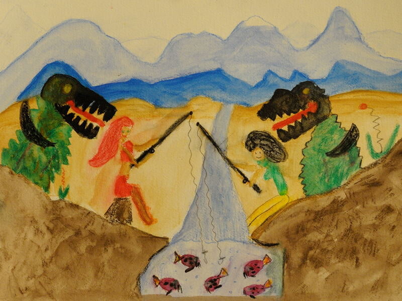 Lisa and Mebd Fishing Attack of Mutant Gator Crocs ; Water Color ( 9X12 inches ). 