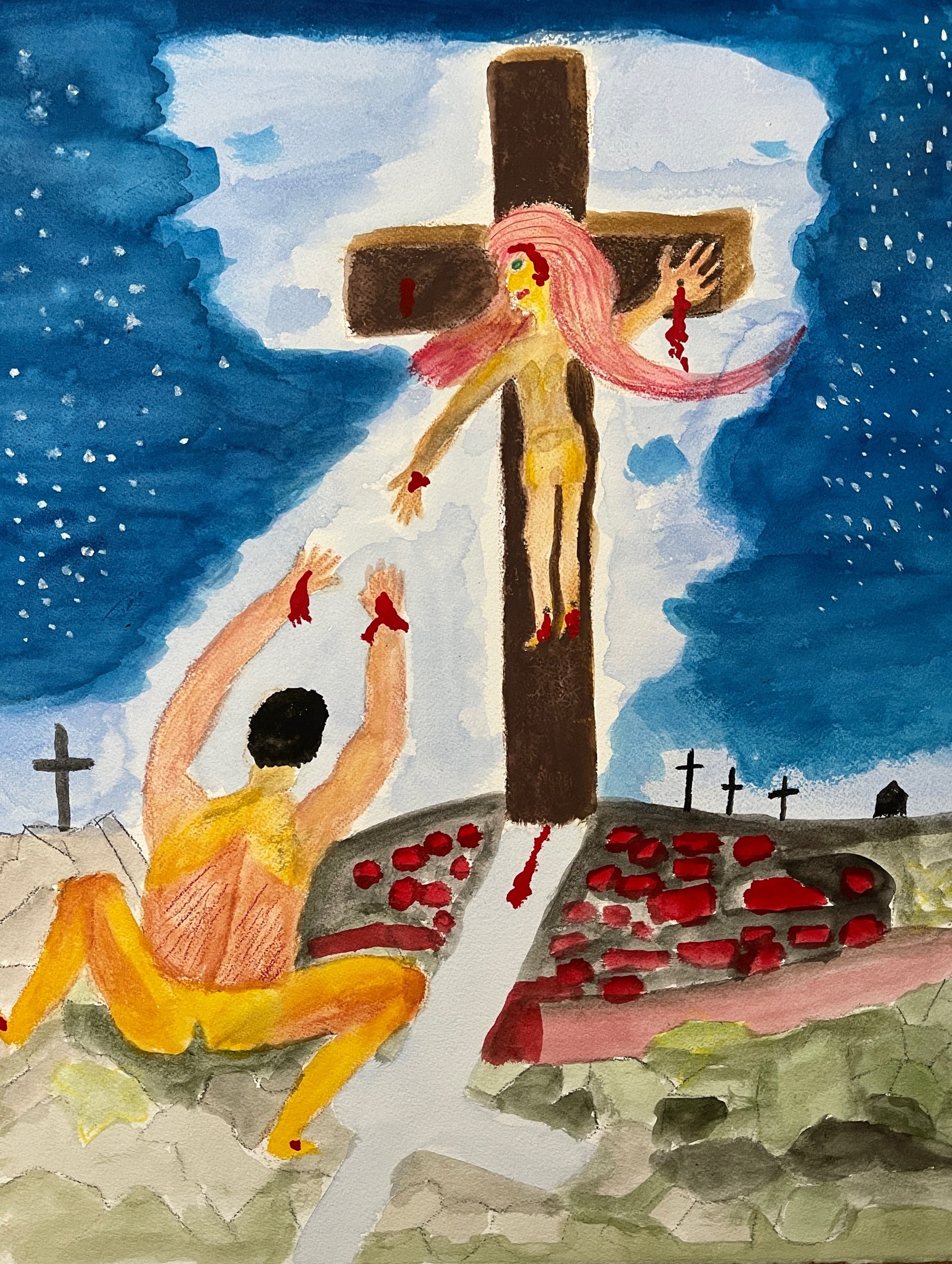 “Jesus On Way to Cross.” , 16x20 inches , watercolor on cold press paper , Spring Fest 2023, a painting for Easter. 