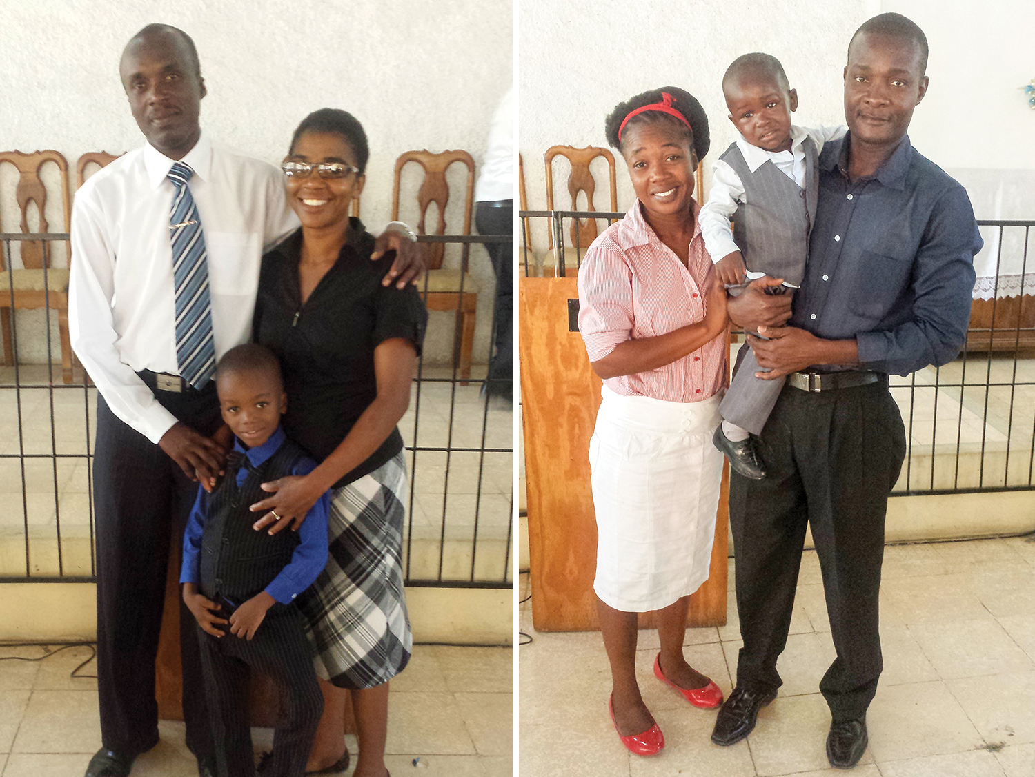 Left: The Paul family: Buteau, Joceline and Ruchama are thankful for the joy of the Lord. Right: The Delva family: Emmanuel, Lima, and Samuel covet your prayers for their New Missions church in Leogane. 