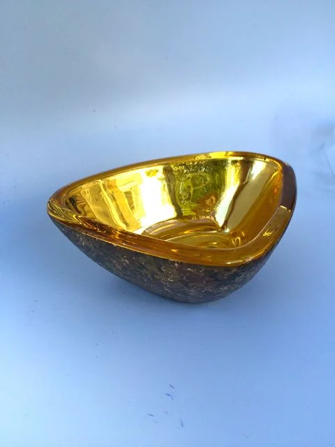 Triangular bowl 3x5x3 Interior 23k gold leaf, exterior brown & tan stone texture 