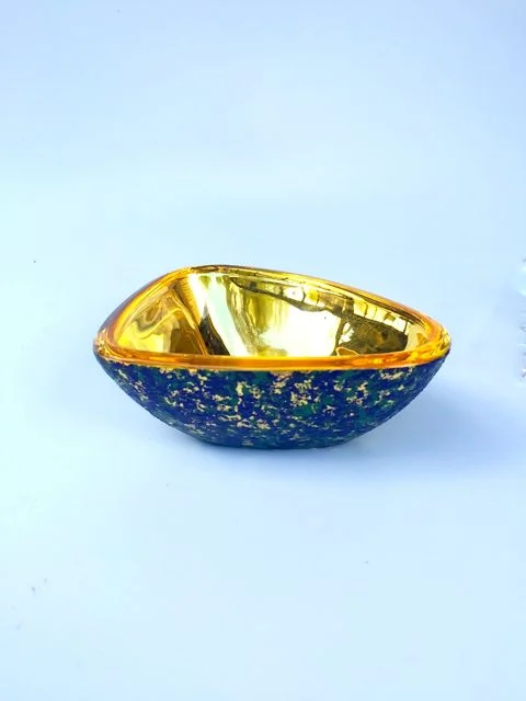 Triangular bowl 3x5x3 Interior 23k gold leaf, exterior blue & green stone texture 