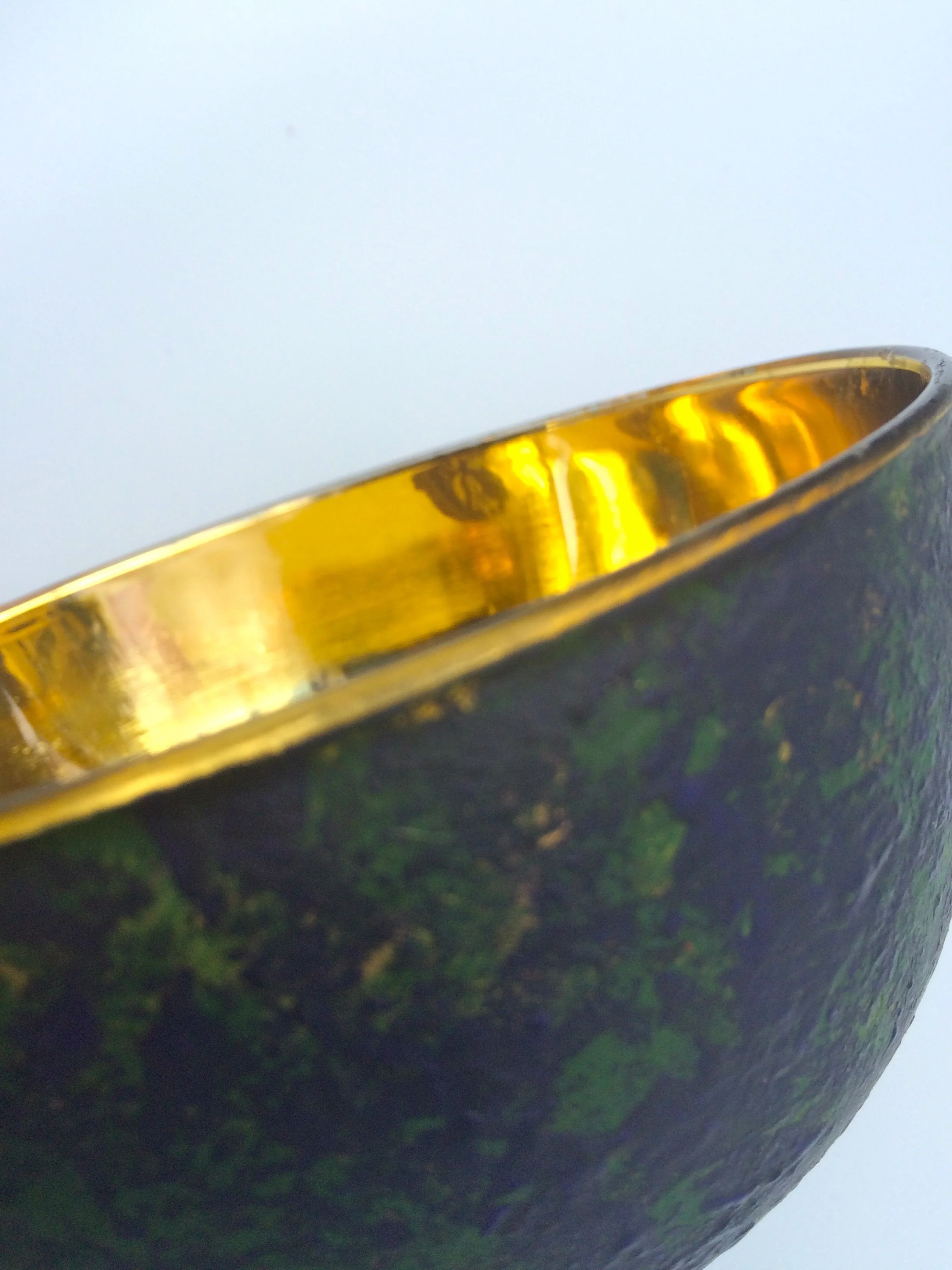 Detail - Round bowl 8" in diameter, 4" deep Interior 23k gold leaf, exterior blue & green stone texture 