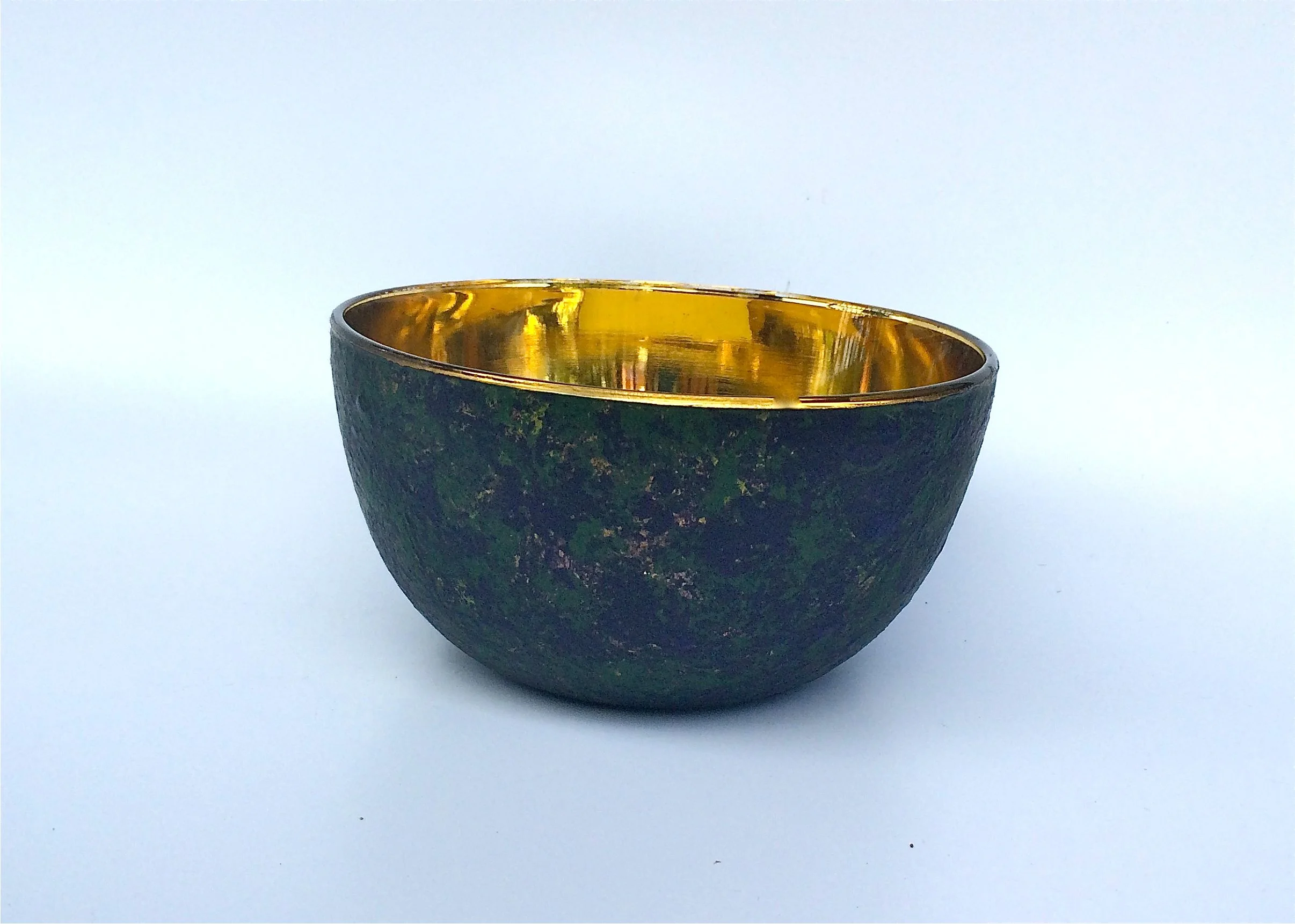 Round bowl 8" in diameter, 4" deep Interior 23k gold leaf, exterior blue & green stone texture 