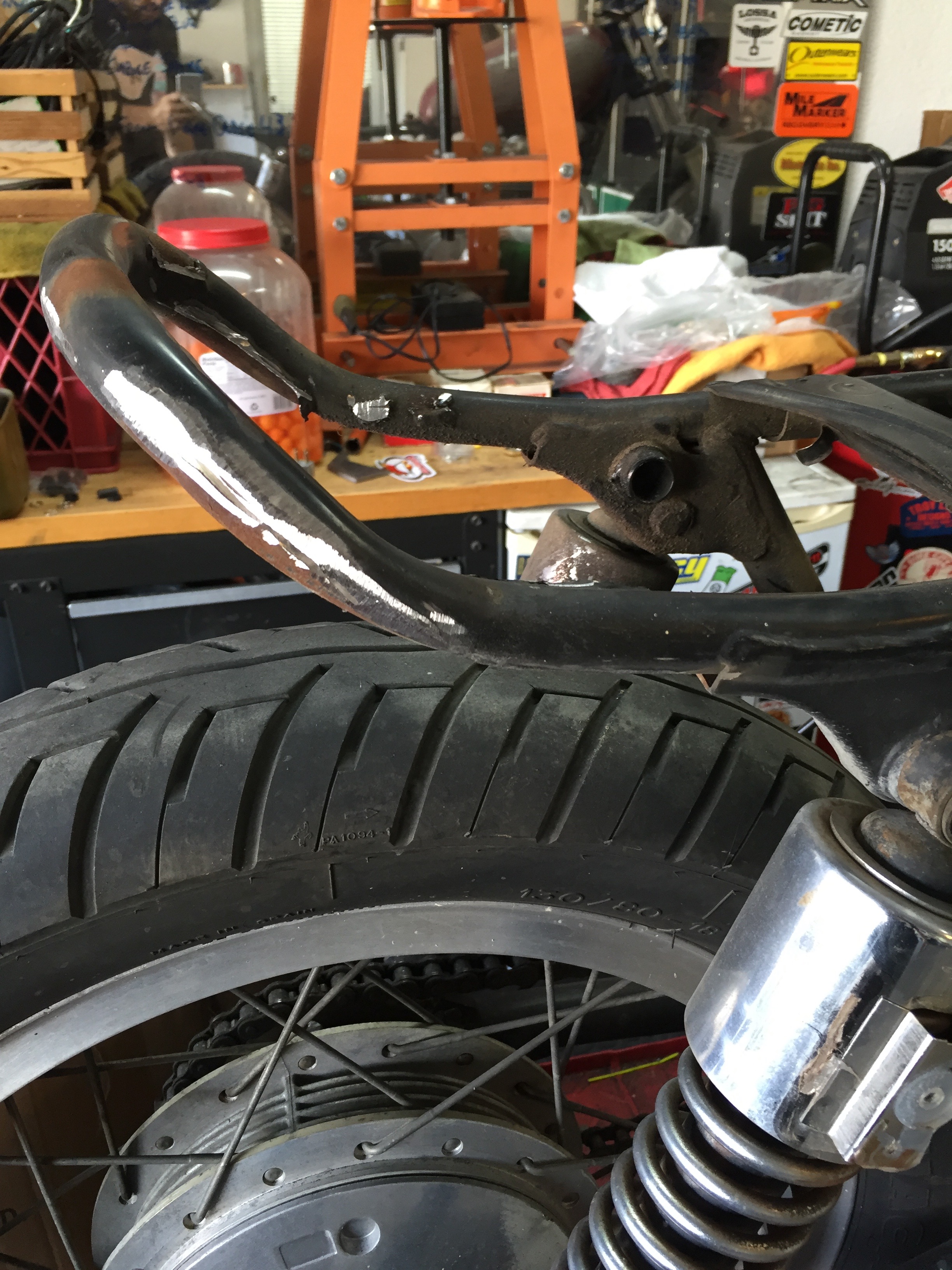  These XS650 frames have a beautiful tail hoop from the factory. &nbsp;They just need a ton of fender brackets and tabs cleaned off of them to really show them off. 