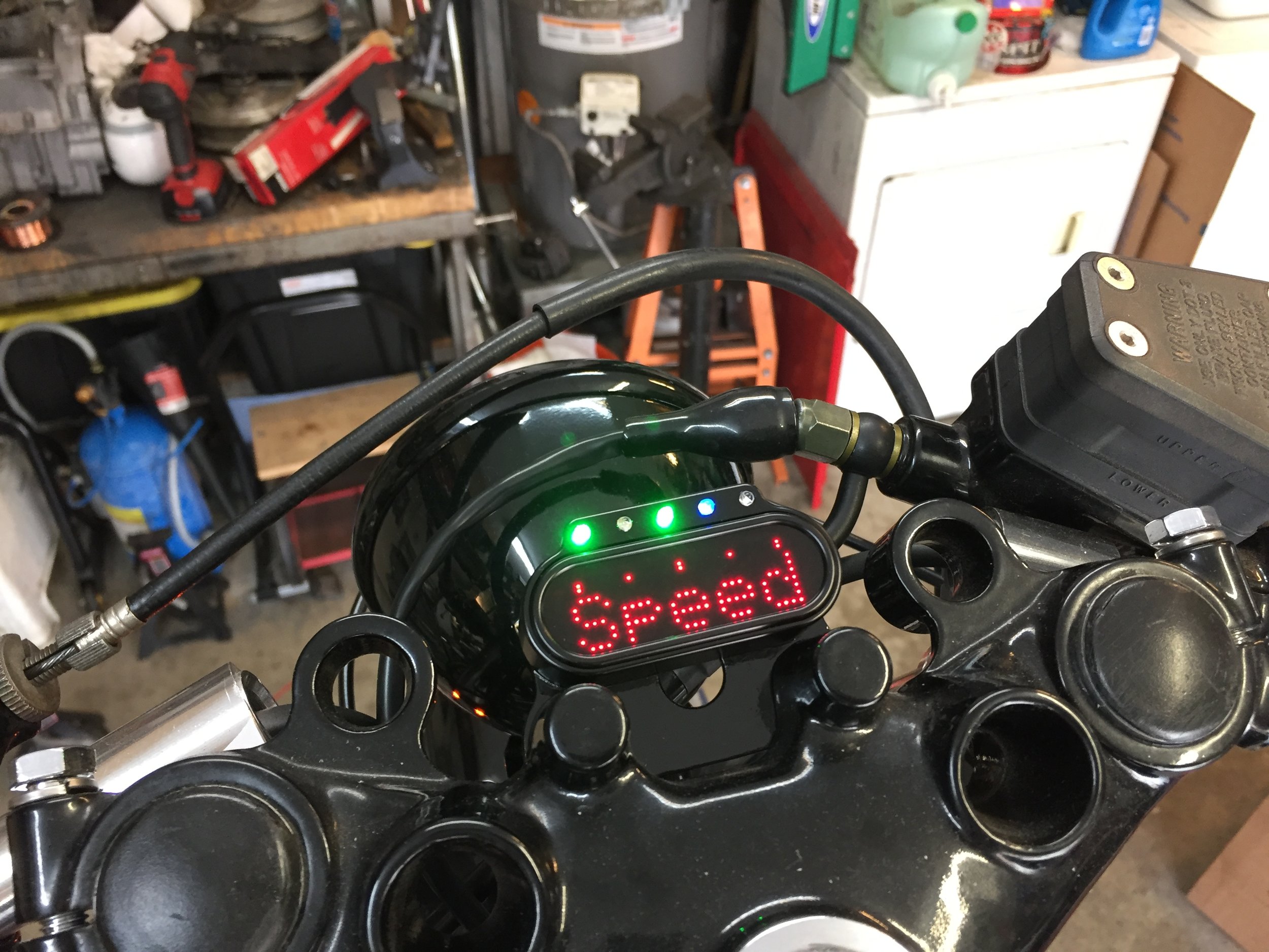  Once again, we went with the Motogadget goodies. &nbsp;But this time we mounted it with the LED indicator bracket. &nbsp;It turned out super clean. &nbsp;  You can click here to find the   MSM Combi Bracket      Motogadget motoscope Mini LED Gauge  