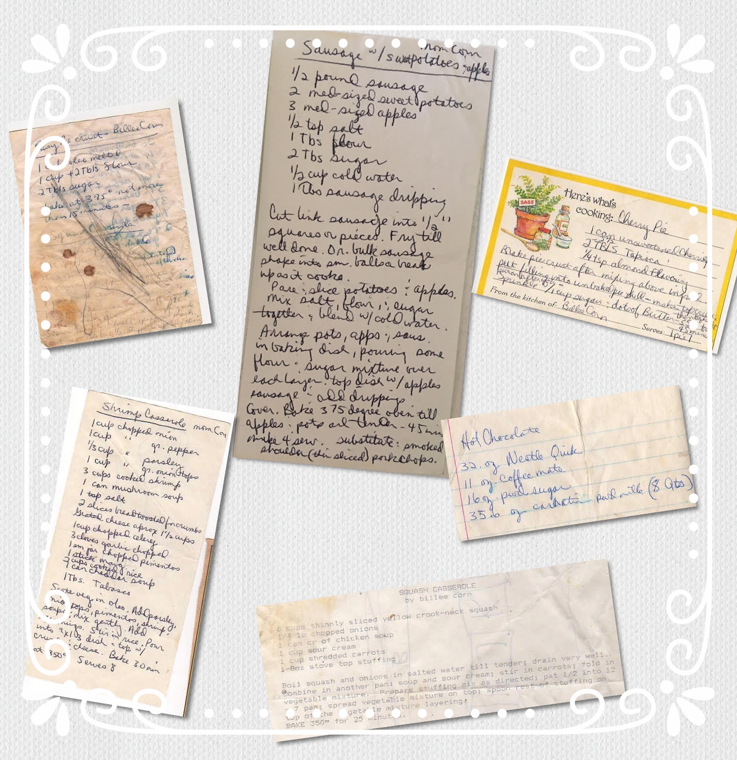 An array of Billee’s handwritten recipes—well-loved and well-used, all!