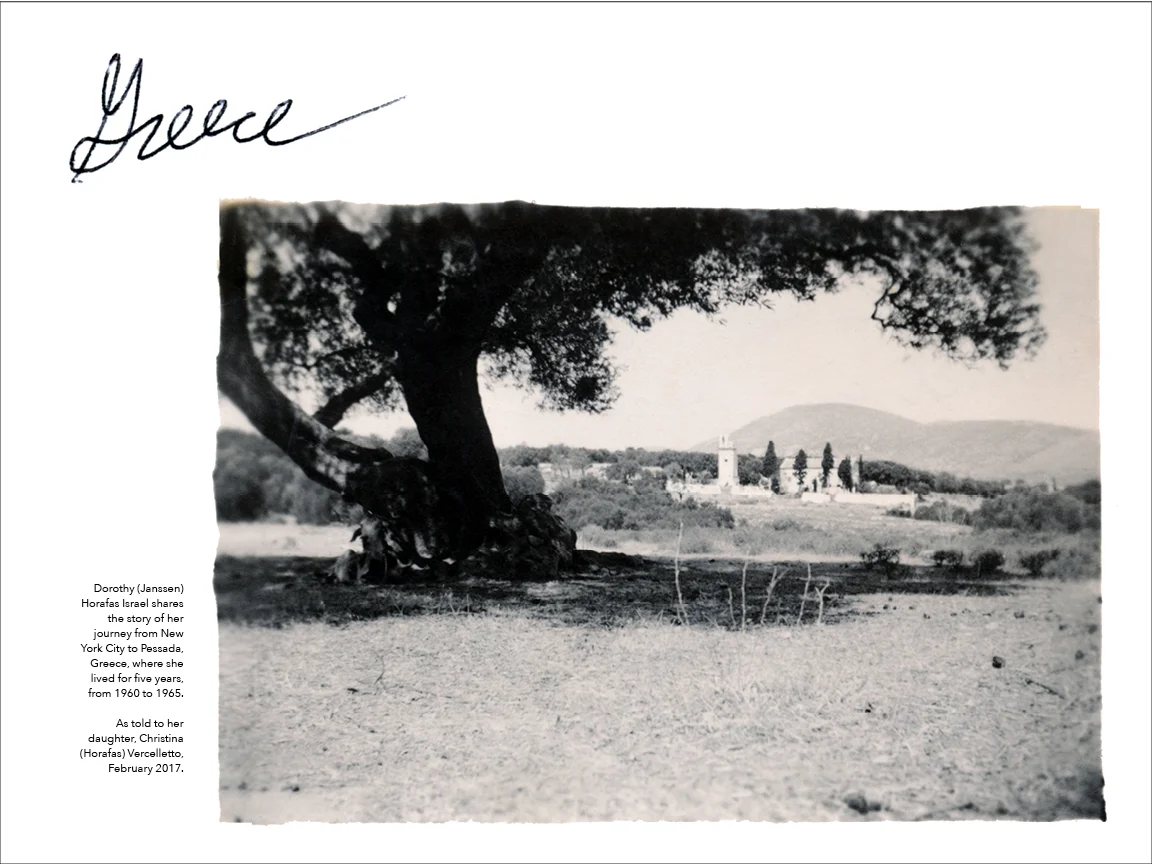 The opening spread for a section of remembrances of one woman's years spent in Greece: By blowing up lovingly restored photographs that originally fit in the palm of one's hand to be featured across the pages of a large-format book, the design invites readers to spend time with the book's stories, to linger and experience the subject's memories in a meaningful way.