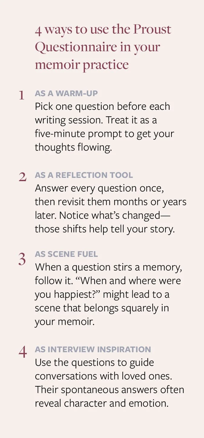 list graphic 4 ways to use the proust questionnaire for memoir writing