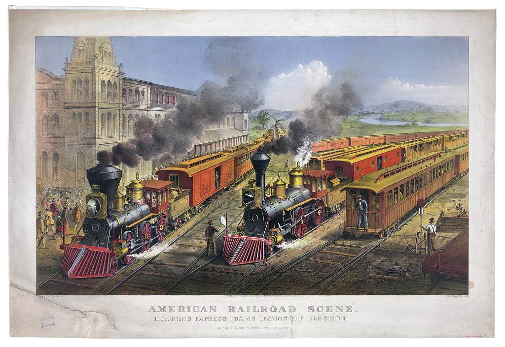 old postcard showing american railroad scene lightning express trains junction