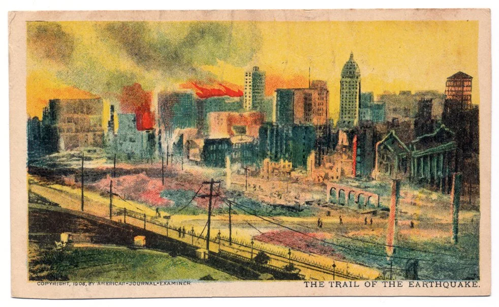vintage postcard from 1906 showing the city of san francisco california burning after earthquake