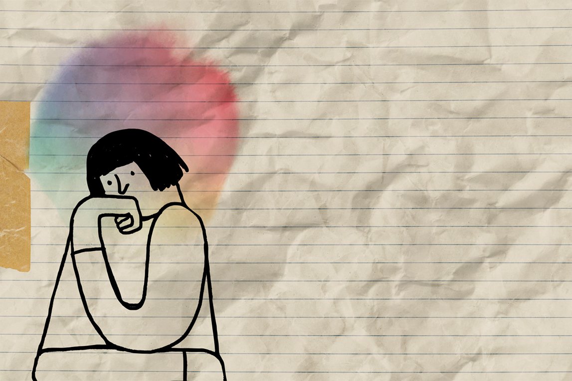 illustration of a fearful person overlaying a crumpled sheet of loose leaf paper