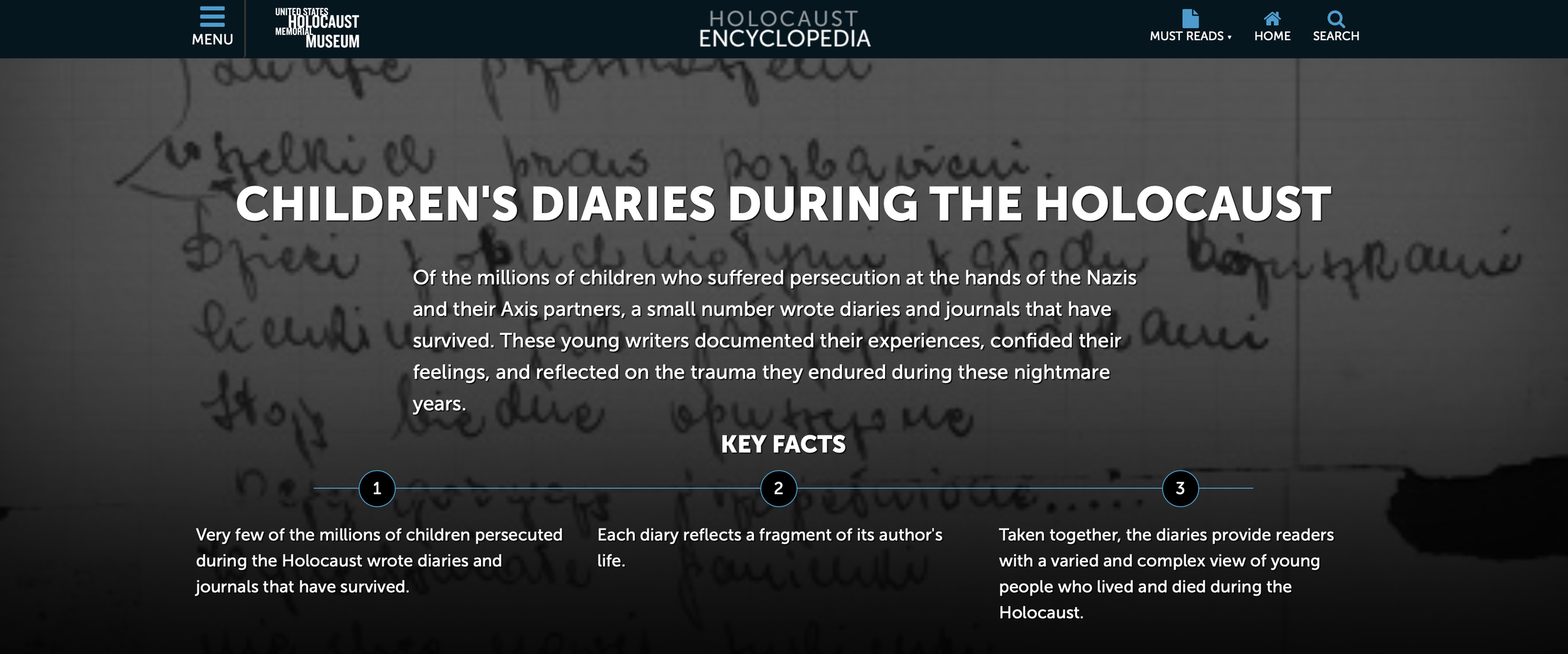 webpage from USHMM showing children's diaries during the holocaust search page