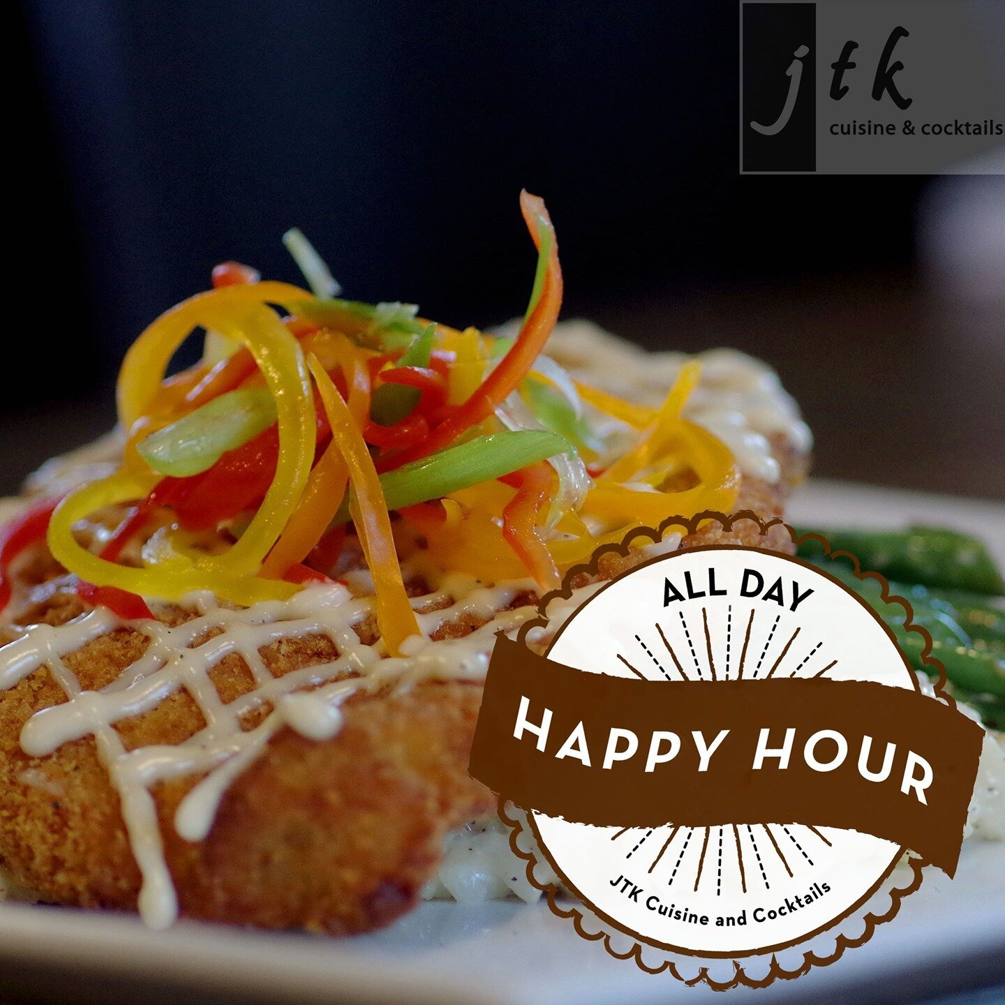 It might be gloomy outside but don't let that get you down when you know JTK has ALL DAY happy hour!!⠀
⠀
From open to close we have cocktail, beer, wine, whiskey, AND food specials! Make this your new hangout spot. Don't forget, our happy hour menu i