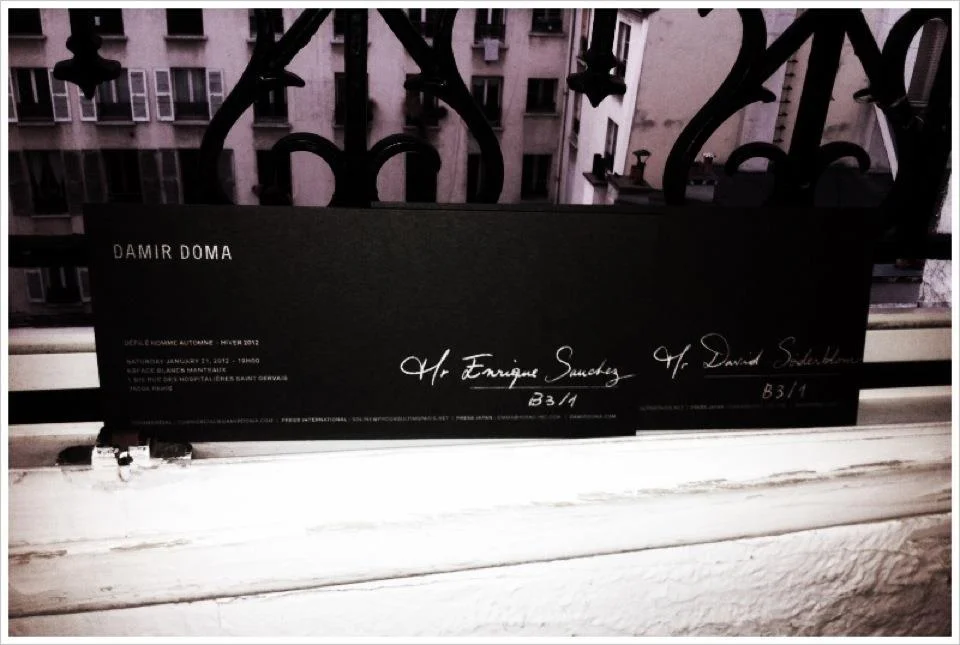 Invitation to the Damir Doma fashion show, addressed to Enrique.