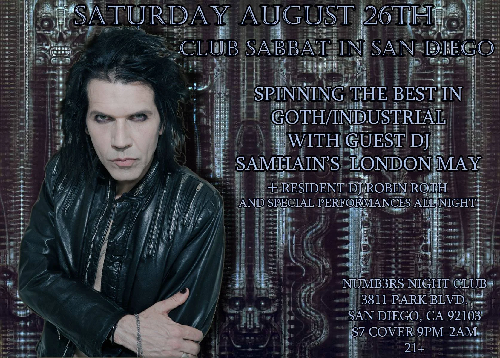 Calling all Night Creatures of San Diego! Come get your Goth on! On 8/26 I'm switching music gears to spin the best Goth/Industrial music at Club Sabbat along w/resident DJ Robin Roth . Join us for a wicked night of dancing & special performances.