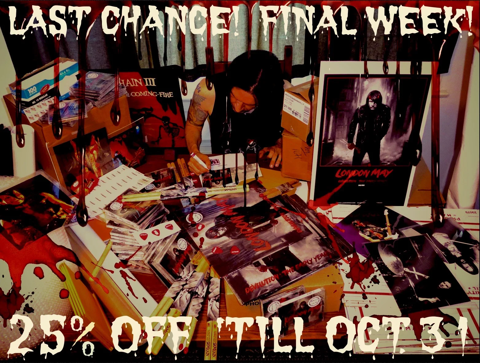 Muhahaha! PRICES SLASHED! Final Week! Take 25% off EVERYTHING 'til 10/31/17. Signed Samhain/Tiger Army/Son Of Sam/Devilution CDs-LPs-Sticks-Picks-Photos-Posters & more! Go to http: //londonmay.bigcartel.com/ and enter “HALLOWEEN” at checkout. Partial proceeds to benefit https: //bestfriends.org/