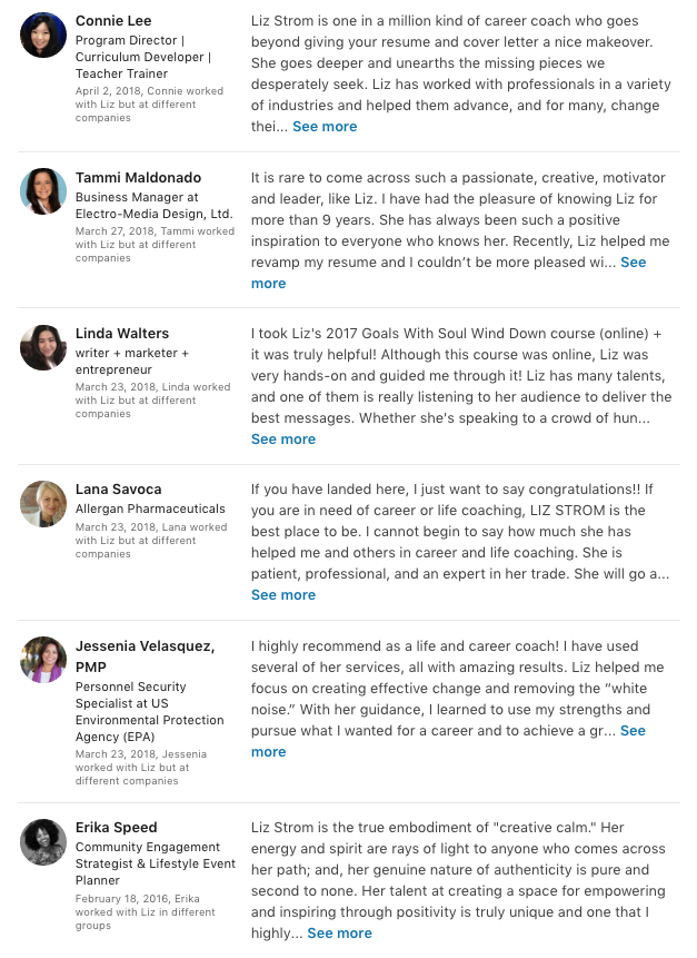 linkedin reviews liz strom life coach