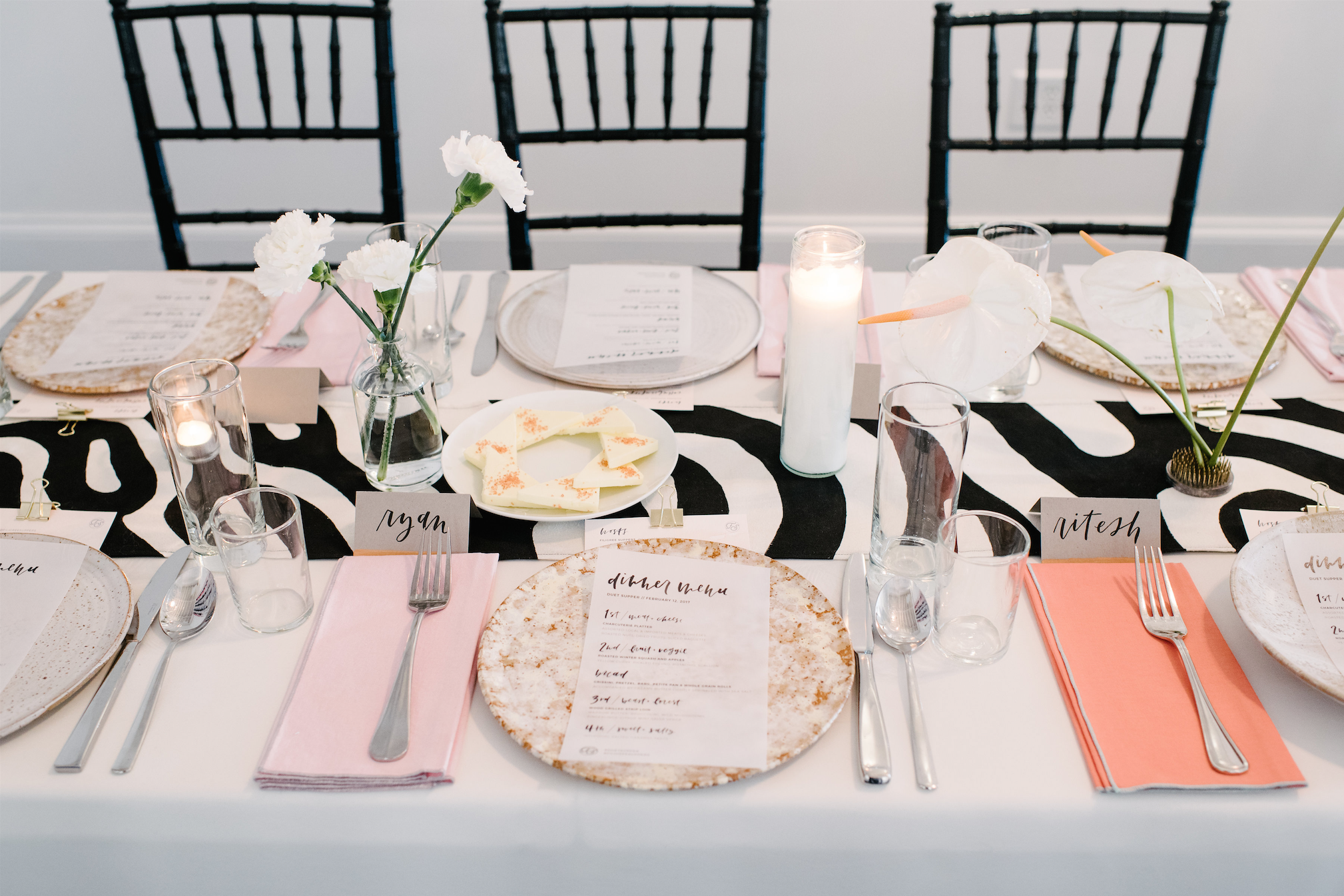 Pre-dinner detail of table setup. Hand-painted silk table runner by Kristi O'Meara.