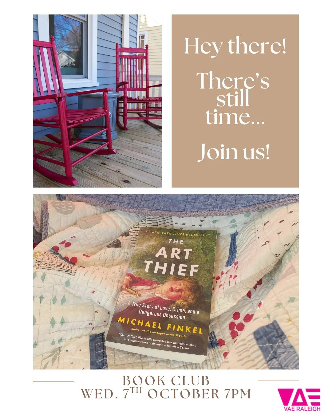 BOOK CLUB!!!!

One week to go but there is still time!! We are reading The Art Thief by Michael Finkel. We will be discussing the book Wednesday October 7th 7-8pm at the Jobe House. 

Bring a question you would like to ask the group, and bring a sugg
