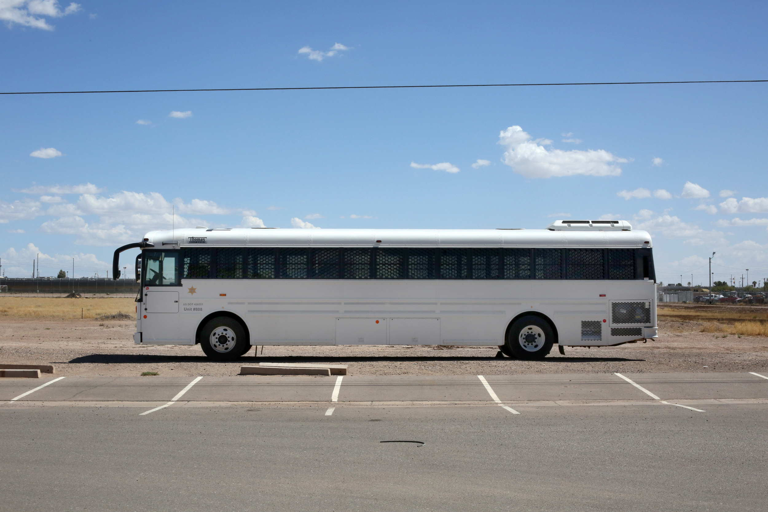 Deportation bus, used for the transport of ICE detainees for transfer between facilities and into Northern México, for the return of Méxican, Central, and South American nationals.