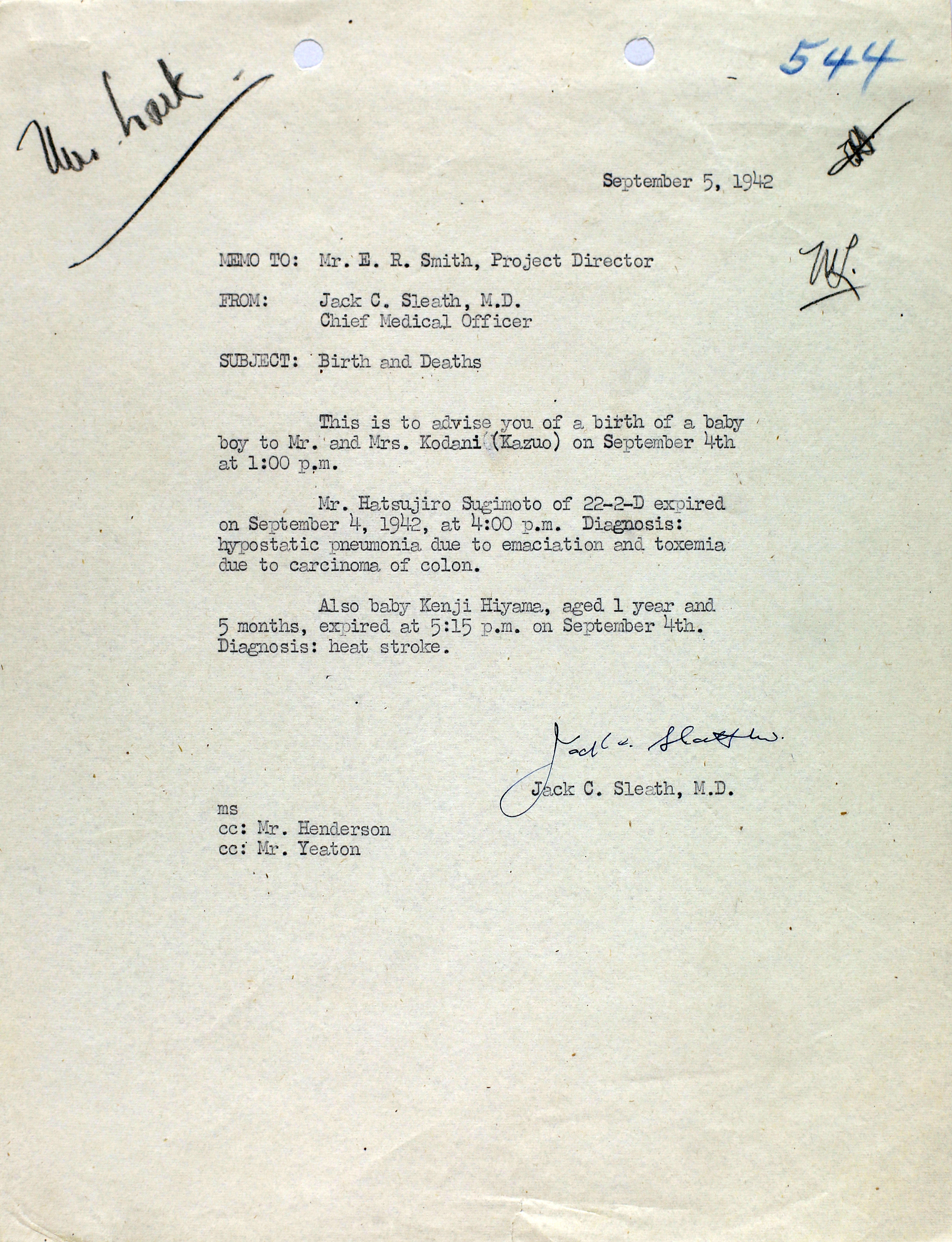 Daily catalogue of births and deaths in Gila River, 1942.