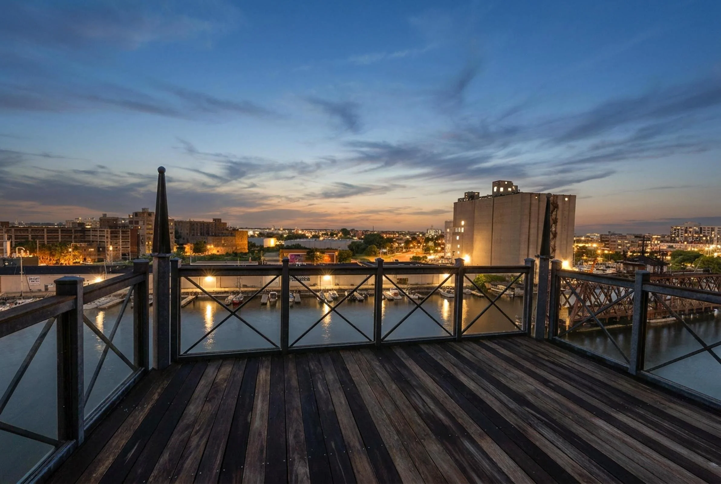 deck from condo for rent on east erie street in third ward overlooks milwaukee skyline at night