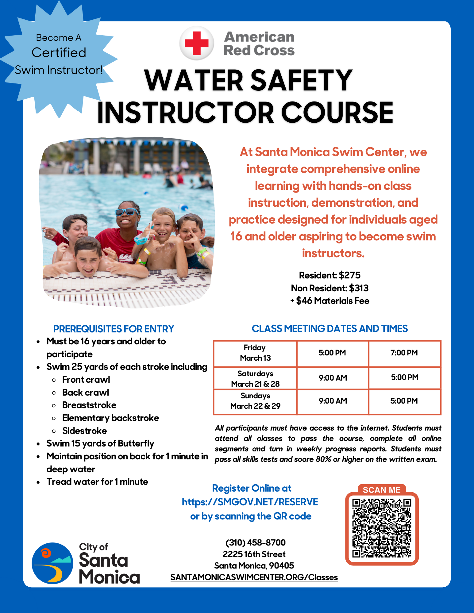 Water Safety Instructor Class (AGES 16+) starts Friday March 13th 
