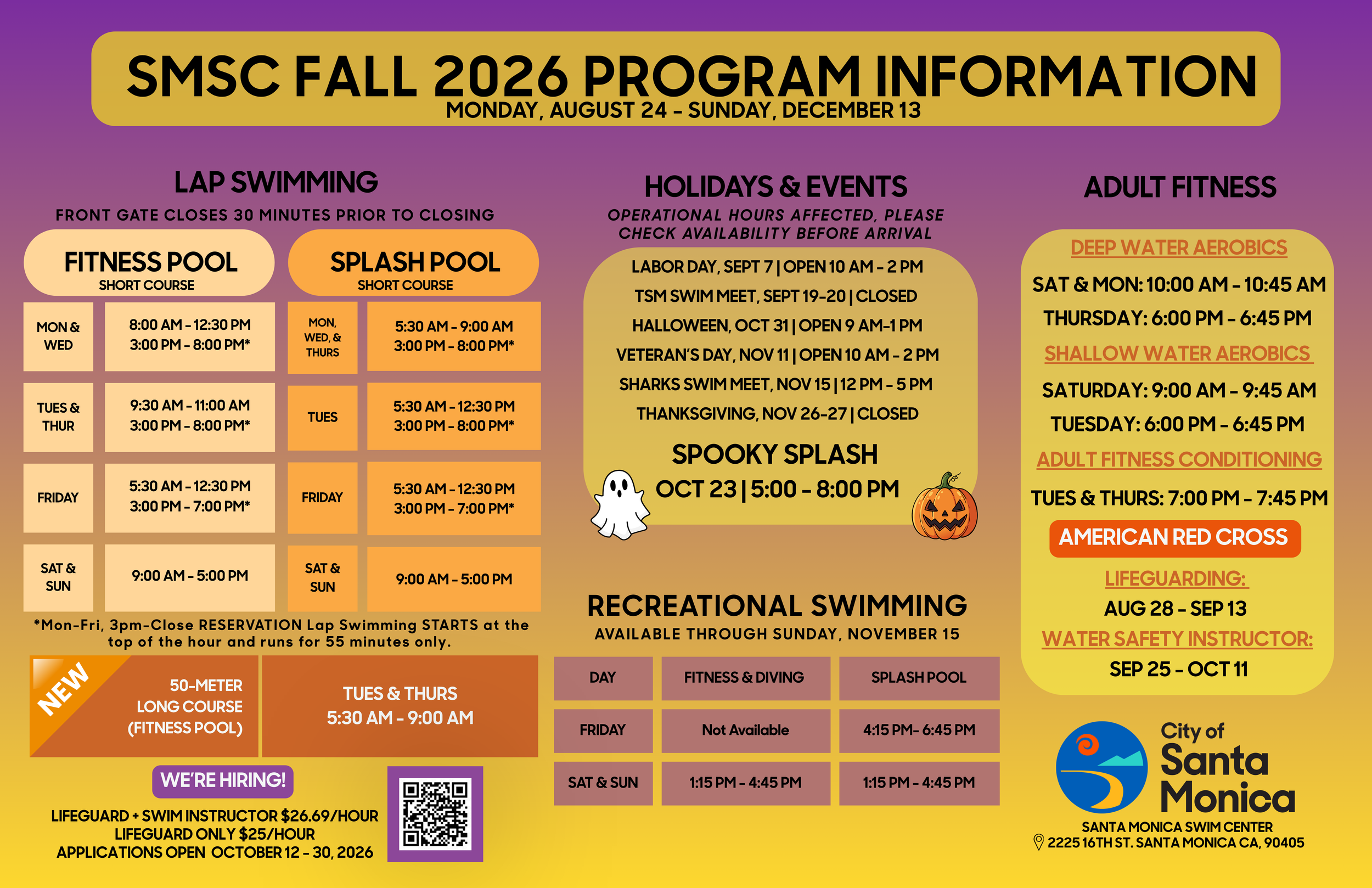 Santa Monica Swim Center Fall Hours Begin Monday August 24th!