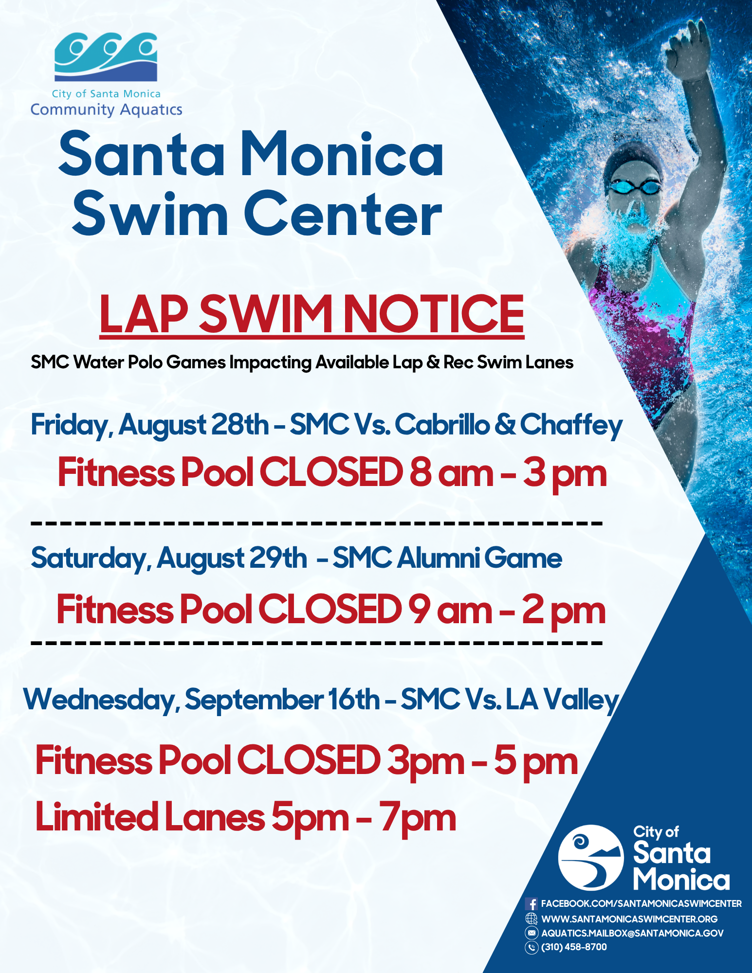Fitness Pool - Lap Swim Notice of Impacting Available Lap &amp; Rec Swim Lanes