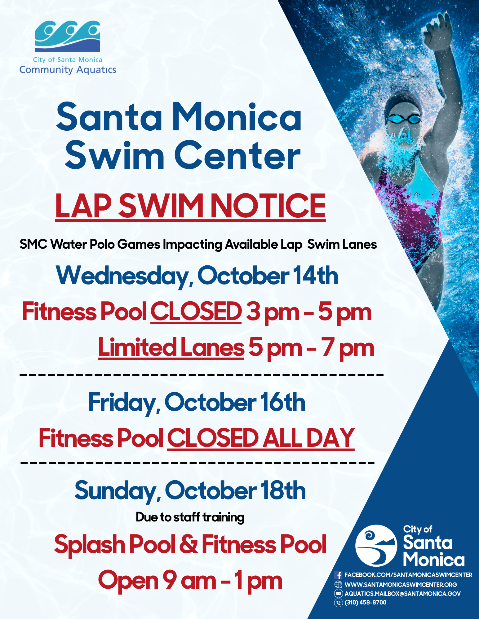 Santa Monica Swim Center Lap and Facility Closures in October