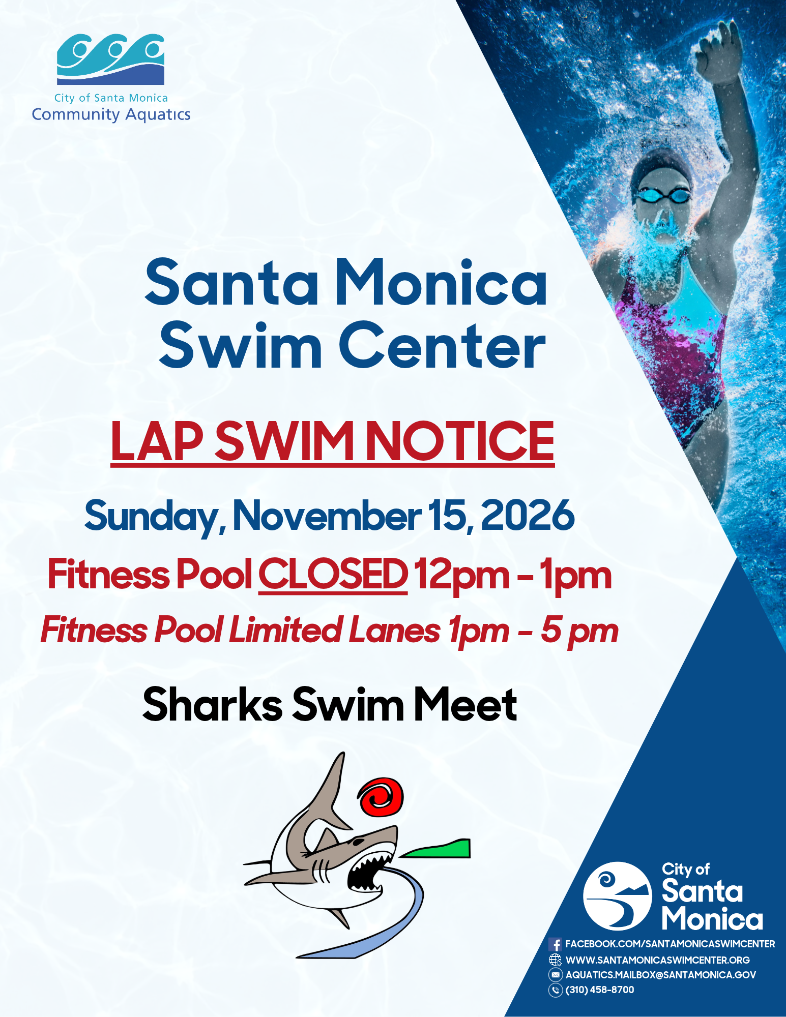 Fitness Pool Closed - Sunday November 15th From 12:00pm - 1:00pm Fitness Pool Limited Lanes, 1:00pm - 5:00pm.