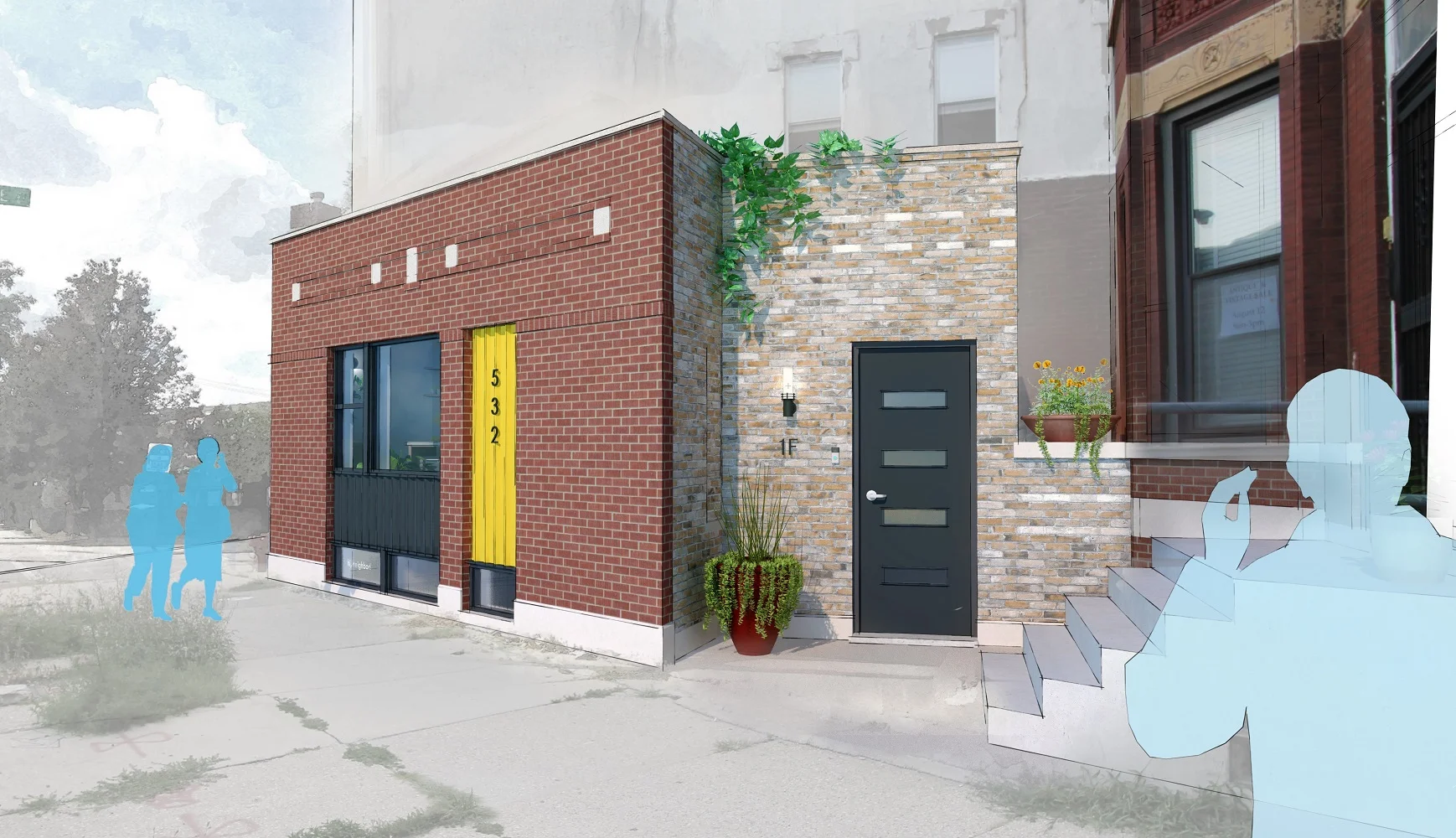 The entry door is shifted to the north, and away from the street