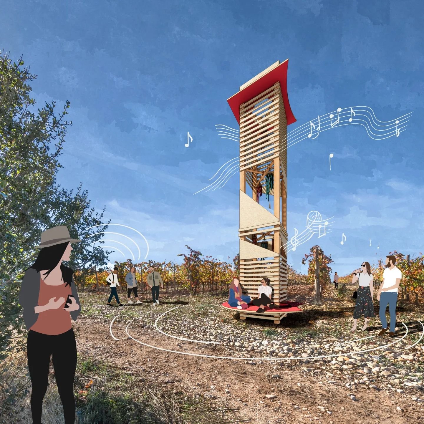 At its best, architecture is a multisensory experience. &quot;Campanario del Campo&quot; envisions a lightweight bell tower strung with oversized wind chimes, constructed as a whimsical marker in the heart of Rioja's majestic vineyards. The chimes ri