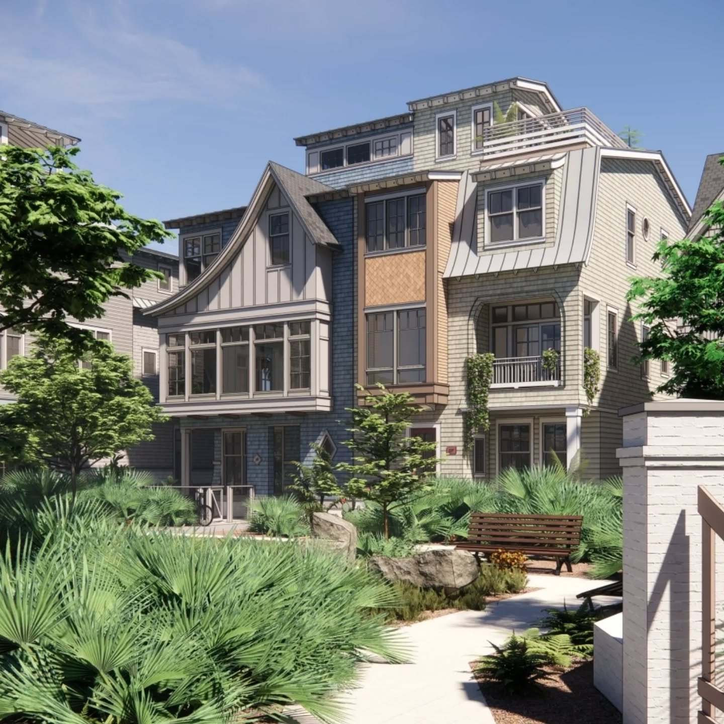 A few steps from the beach, the final form of the &quot;Coastal Couple&quot; is starting to emerge. These townhouse-style residences open onto a new pocket park with oversized windows and deep, shaded terraces to soak it all in. #CoastalCouple #Desig