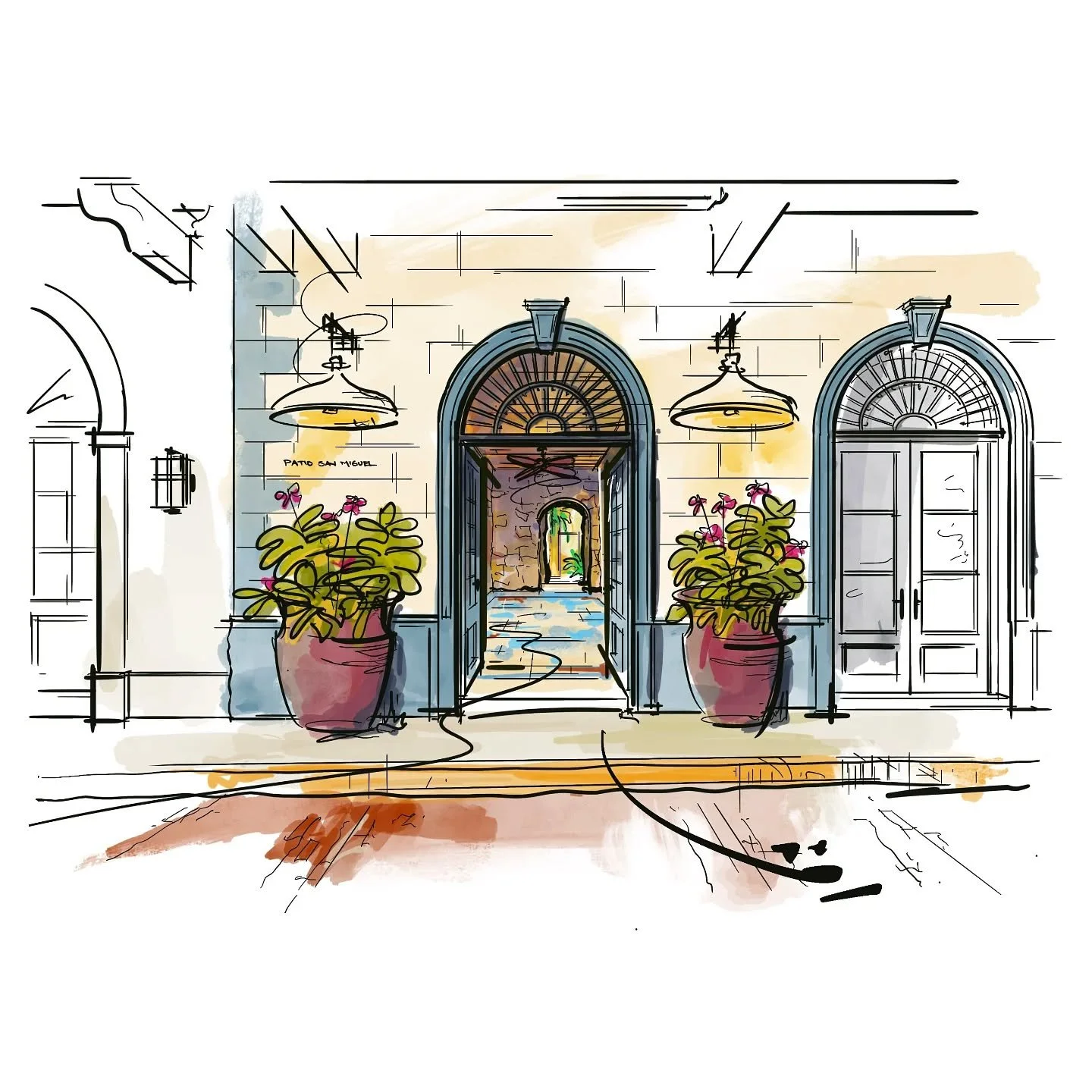 At Patio San Miguel, arrival is a highlight of the experience. Residents will step through a hand-forged iron gate set within an original arched doorway &mdash; at once secure and welcoming, a threshold that frames a glimpse of the courtyard beyond f