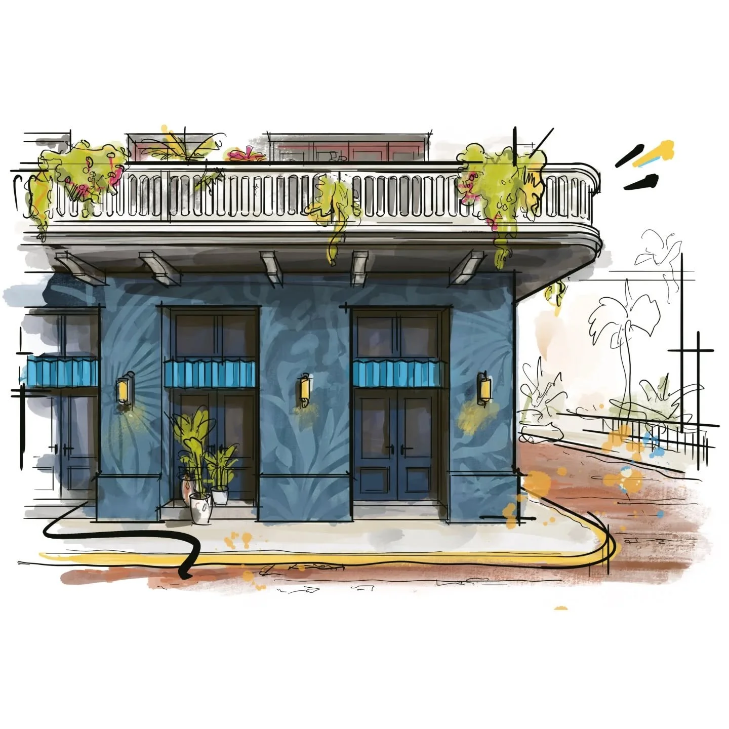 Confidence and flair define each move in our upcoming renovation of this colorful Casco corner. Large-scale murals turn the streetscape into a stage, while slender metal brackets seem to dance their way up to the roofline. Casco Viejo has a well-earn