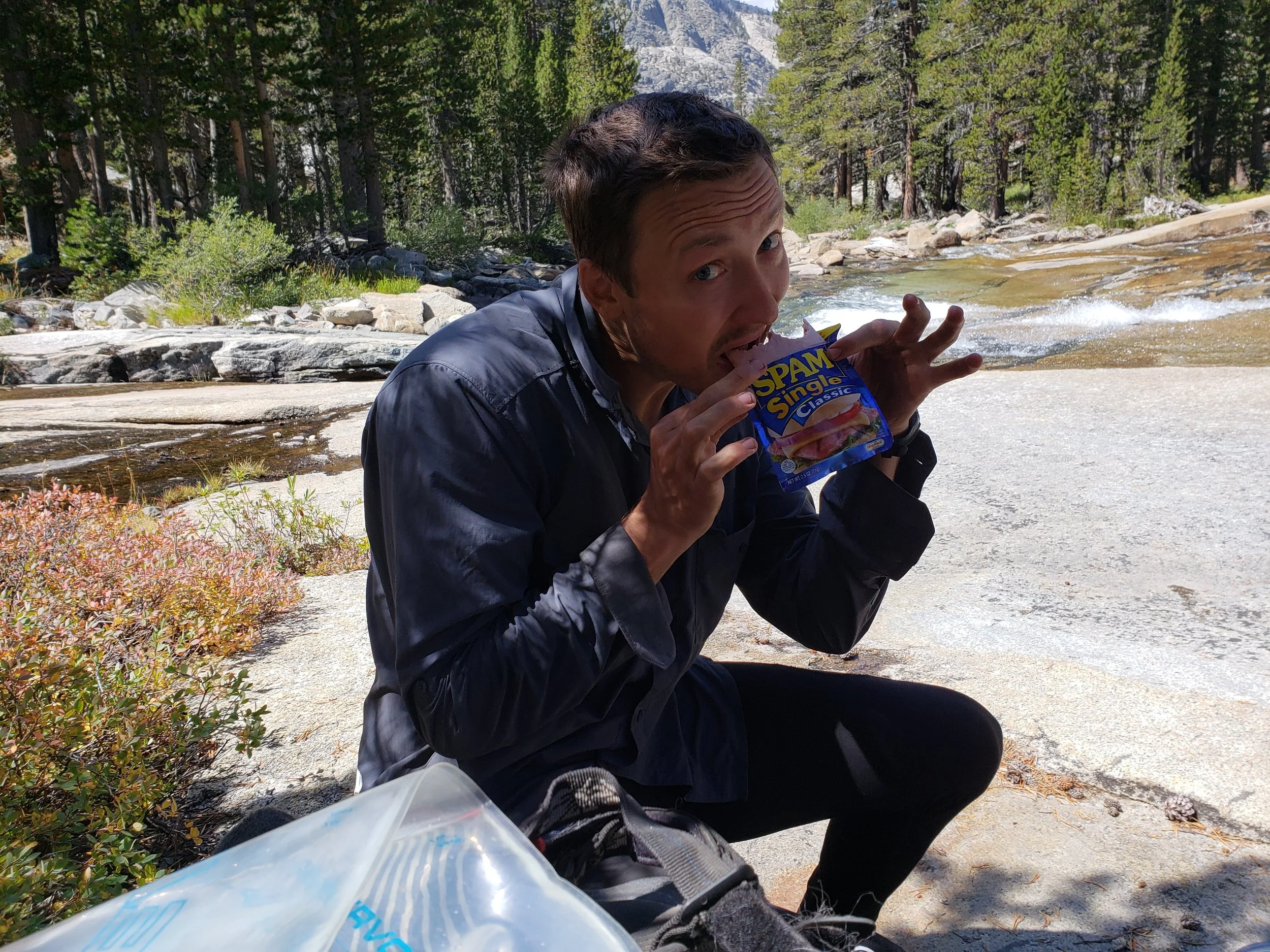 I don’t have a lot of photos of the food I ate. We were busy taking pictures of cooler stuff. But here’s a photo of me eating cold Spam.