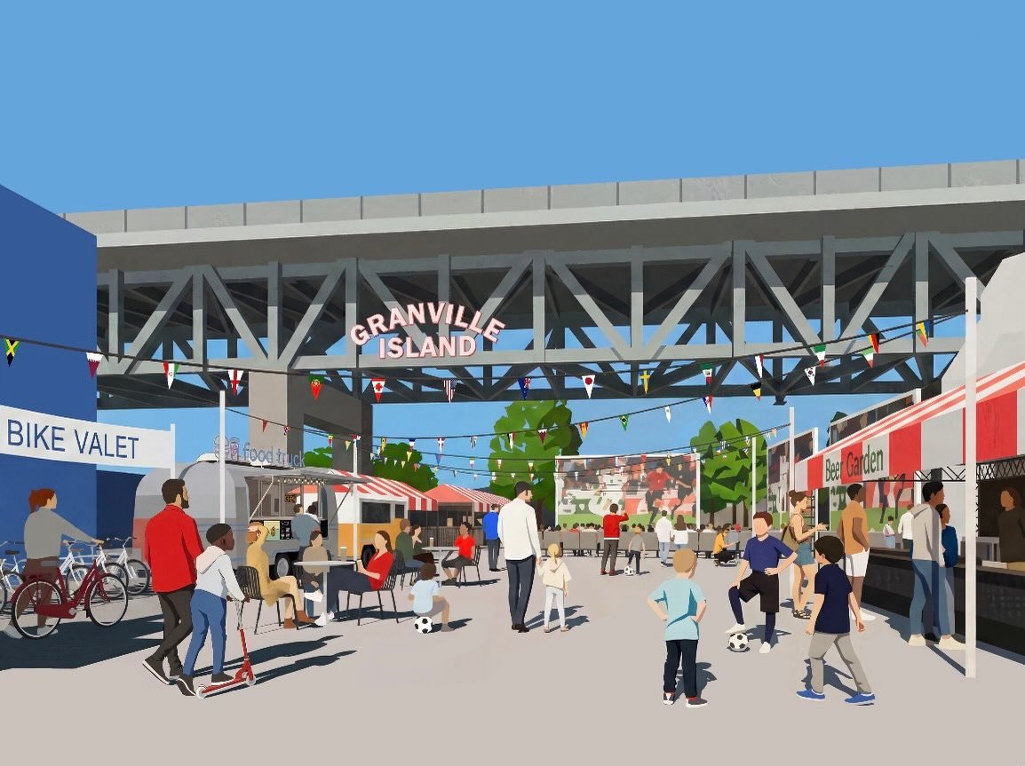 Looking for a place to watch the game? Check out the Granville Island Watch Party. With outdoor seating for a thousand people, a 24-foot giant screen will show 94 matches sandwiched with performances, rotating local food trucks, a craft beer garden a