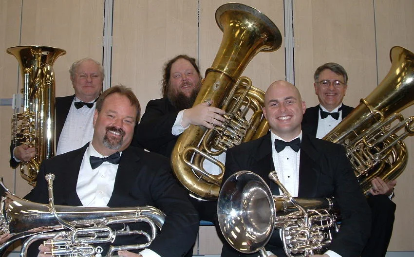 Occoquan Heavy Metal: (front row) Don Stewart and Dean Miller on Euphonium and (back row) Lee Culbreth, Jim Davis, and Jack Tilbury on Tuba.