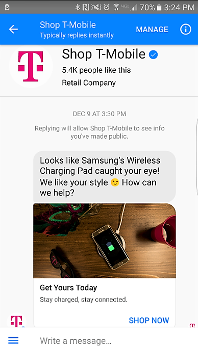 Screenshot of T-Mobile Chatbot message about a Samsung Wireless Charging Pad.