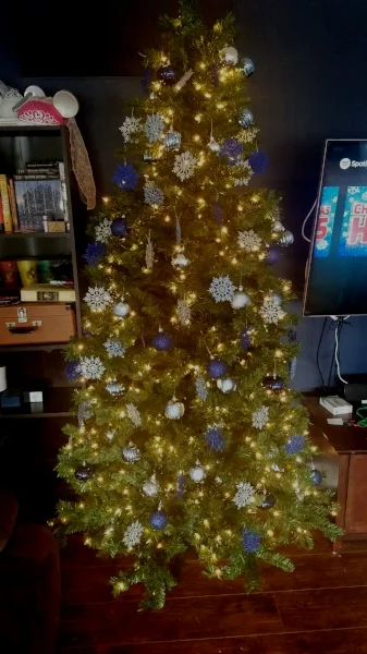 Christmas Tree decorated with twinkle lights, bulbs and snowflake ornaments