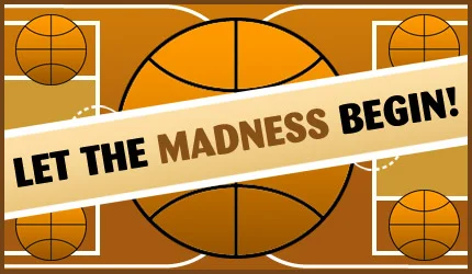 Image from Interbasket.net. Basketball inside of basketball courts designed to look like brackets. Text overlay “let the madness begin!"