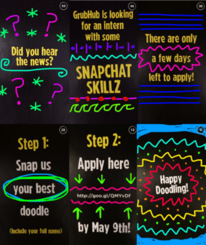 GrubHub Brand Ambassador program application process steps including “Snapchatting” doodles to Grubhub.
