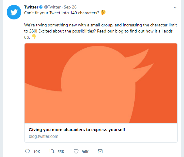 Screenshot of a tweet from Twitter announcing their 280 character limit rollout.