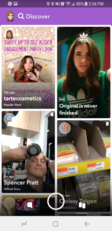 Screenshot displaying the New Discover Tab on Snapchat