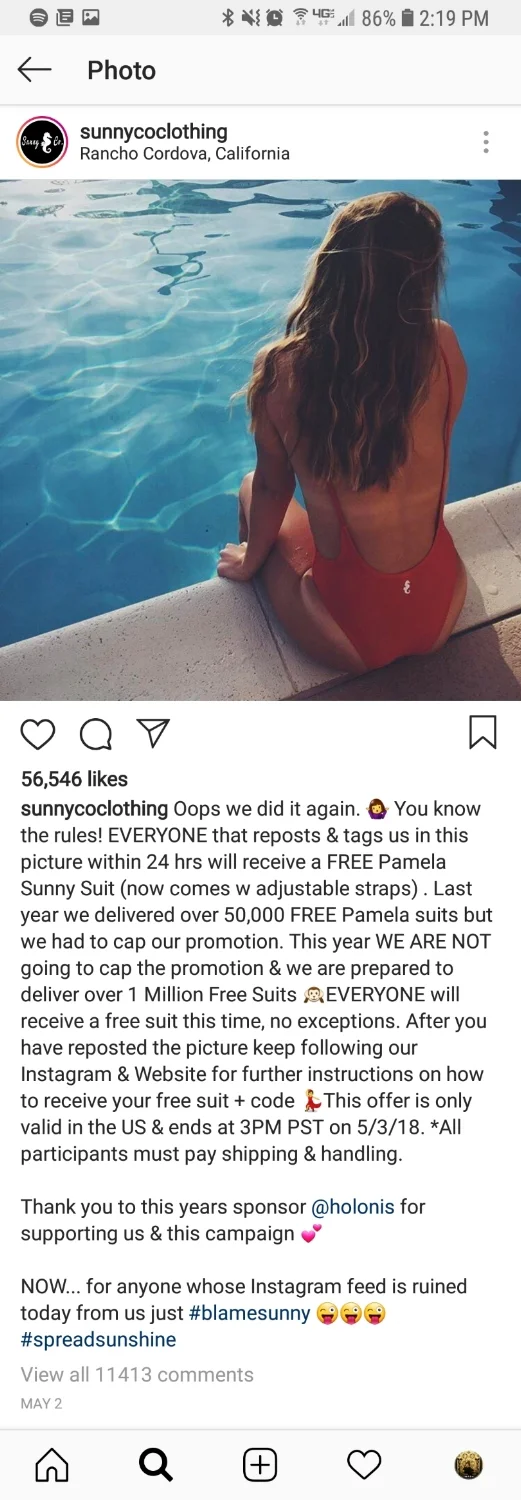 Instagram screenshot of swimsuit giveaway by sunnycoclothing